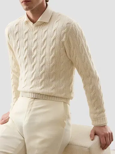 Ralph Lauren Purple Label Men's Cable-Knit Cashmere Crewneck Sweater - Classic Cream | Thumbnail 4 Ralph Lauren Purple Label Men's Cable-Knit Cashmere Crewneck Sweater - Classic Cream | Thumbnail 4