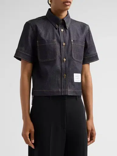 Thom Browne Women's Denim Button-Down Short-Sleeve Shirt - Navy | Thumbnail 4 Thom Browne Women's Denim Button-Down Short-Sleeve Shirt - Navy | Thumbnail 4