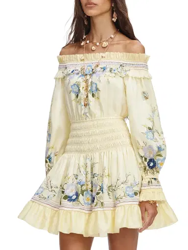 Self-Portrait Women's Smocked Floral Cotton-Silk Off-The-Shoulder Minidress | Thumbnail 4 Self-Portrait Women's Smocked Floral Cotton-Silk Off-The-Shoulder Minidress | Thumbnail 4