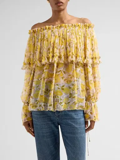 Chloé Women's Floral Silk Off-the-Shoulder Top - White Yellow | Thumbnail 4 Chloé Women's Floral Silk Off-the-Shoulder Top - White Yellow | Thumbnail 4