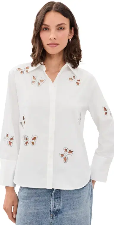Alice + Olivia Finely Embellished Cutout Button Down Shirt | Thumbnail 1 Alice + Olivia Finely Embellished Cutout Button Down Shirt | Thumbnail 1