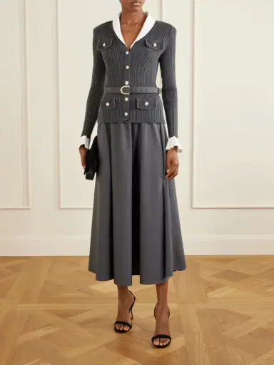 Self-Portrait Belted Embellished Ribbed-knit And Twill Midi Dress | Thumbnail 2 Self-Portrait Belted Embellished Ribbed-knit And Twill Midi Dress | Thumbnail 2