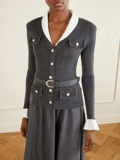 Self-Portrait Belted Embellished Ribbed-knit And Twill Midi Dress | Thumbnail 4 Self-Portrait Belted Embellished Ribbed-knit And Twill Midi Dress | Thumbnail 4