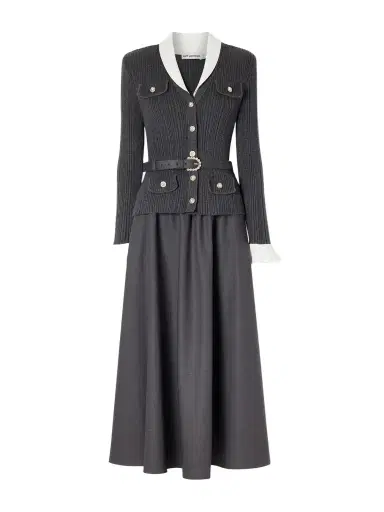 Self-Portrait Belted Embellished Ribbed-knit And Twill Midi Dress | Thumbnail 1 Self-Portrait Belted Embellished Ribbed-knit And Twill Midi Dress | Thumbnail 1