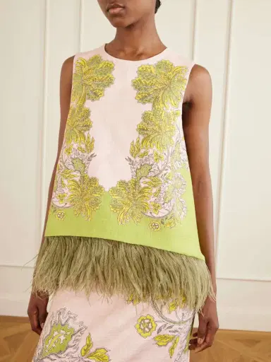 La DoubleJ La Scala Printed Feather-trimmed Cotton-blend Top | Thumbnail 4 La DoubleJ La Scala Printed Feather-trimmed Cotton-blend Top | Thumbnail 4