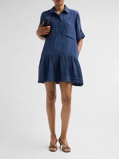 SIMKHAI Women's Cris Crinkled Drop-Waist Mini Shirtdress - Midnight | Thumbnail 2 SIMKHAI Women's Cris Crinkled Drop-Waist Mini Shirtdress - Midnight | Thumbnail 2