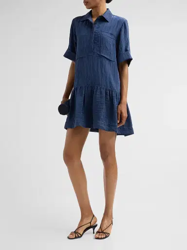 SIMKHAI Women's Cris Crinkled Drop-Waist Mini Shirtdress - Midnight | Thumbnail 4 SIMKHAI Women's Cris Crinkled Drop-Waist Mini Shirtdress - Midnight | Thumbnail 4