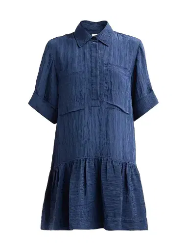 SIMKHAI Women's Cris Crinkled Drop-Waist Mini Shirtdress - Midnight | Thumbnail 1 SIMKHAI Women's Cris Crinkled Drop-Waist Mini Shirtdress - Midnight | Thumbnail 1