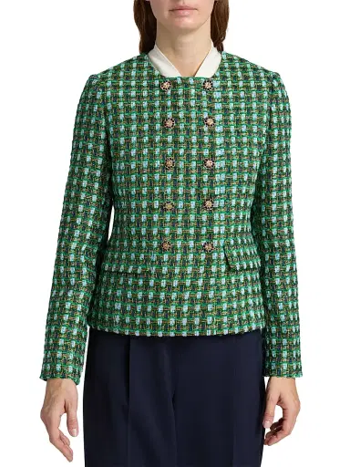 Elie Tahari Women's The Eleni Metallic Double-Breasted Jacket - Parrot Green Tweed - Size XS | Thumbnail 3 Elie Tahari Women's The Eleni Metallic Double-Breasted Jacket - Parrot Green Tweed - Size XS | Thumbnail 3