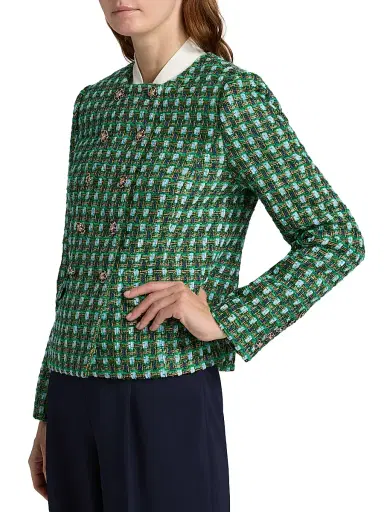 Elie Tahari Women's The Eleni Metallic Double-Breasted Jacket - Parrot Green Tweed - Size XS | Thumbnail 4 Elie Tahari Women's The Eleni Metallic Double-Breasted Jacket - Parrot Green Tweed - Size XS | Thumbnail 4