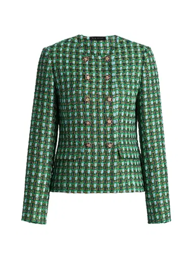 Elie Tahari Women's The Eleni Metallic Double-Breasted Jacket - Parrot Green Tweed - Size XS | Thumbnail 1 Elie Tahari Women's The Eleni Metallic Double-Breasted Jacket - Parrot Green Tweed - Size XS | Thumbnail 1