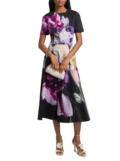 Teri Jon by Rickie Freeman Women's Floral Cotton A-Line Midi-Dress - Black Multi | Thumbnail 3 Teri Jon by Rickie Freeman Women's Floral Cotton A-Line Midi-Dress - Black Multi | Thumbnail 3