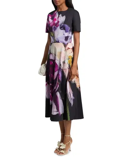Teri Jon by Rickie Freeman Women's Floral Cotton A-Line Midi-Dress - Black Multi | Thumbnail 4 Teri Jon by Rickie Freeman Women's Floral Cotton A-Line Midi-Dress - Black Multi | Thumbnail 4