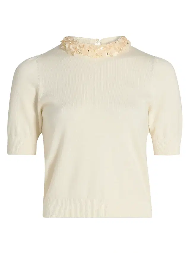 Women's Jude Embellished-Trim Merino Wool Short-Sleeve Top - Pearled Women's Jude Embellished-Trim Merino Wool Short-Sleeve Top - Pearled