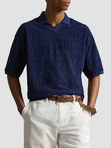 Polo Ralph Lauren Men's Cable-Knit Terry Collared Shirt - Newport Navy | Thumbnail 4 Polo Ralph Lauren Men's Cable-Knit Terry Collared Shirt - Newport Navy | Thumbnail 4