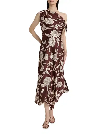 Tanya Taylor Women's Loretta Floral Satin One-Shoulder Midi-Dress - Deep Redwood Multi | Thumbnail 3 Tanya Taylor Women's Loretta Floral Satin One-Shoulder Midi-Dress - Deep Redwood Multi | Thumbnail 3