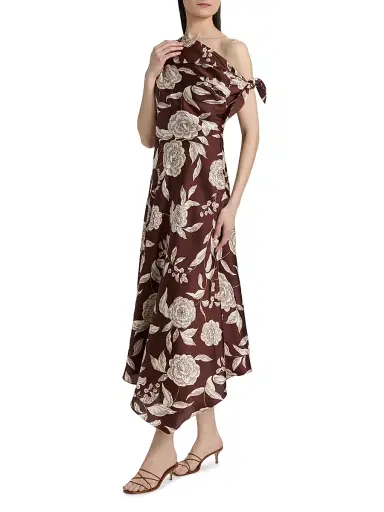 Tanya Taylor Women's Loretta Floral Satin One-Shoulder Midi-Dress - Deep Redwood Multi | Thumbnail 4 Tanya Taylor Women's Loretta Floral Satin One-Shoulder Midi-Dress - Deep Redwood Multi | Thumbnail 4