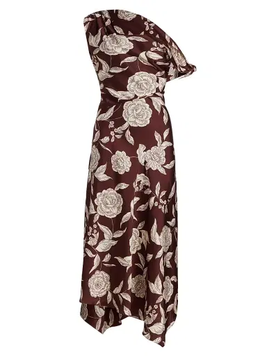 Tanya Taylor Women's Loretta Floral Satin One-Shoulder Midi-Dress - Deep Redwood Multi | Thumbnail 1 Tanya Taylor Women's Loretta Floral Satin One-Shoulder Midi-Dress - Deep Redwood Multi | Thumbnail 1