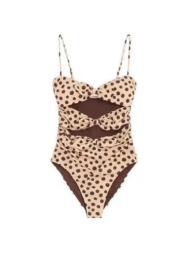 Valentino Garavani Women's Lycra One-Piece Swimsuit in Plus De Pois Dalmata Polka Dot - Beige Chocolate | Thumbnail 1 Valentino Garavani Women's Lycra One-Piece Swimsuit in Plus De Pois Dalmata Polka Dot - Beige Chocolate | Thumbnail 1