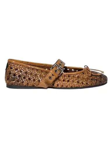 Miu Miu Women's Woven Leather Ballerinas with Strap and Buckle - Brown - Size 8.5 | Thumbnail 1 Miu Miu Women's Woven Leather Ballerinas with Strap and Buckle - Brown - Size 8.5 | Thumbnail 1