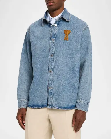 Ami Paris Men's Denim Overshirt with Crochet Ami de Coeur | Thumbnail 3 Ami Paris Men's Denim Overshirt with Crochet Ami de Coeur | Thumbnail 3