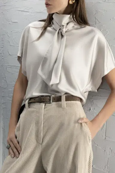 Brunello Cucinelli Tie Neck Short Sleeve Blouse | Thumbnail 2 Brunello Cucinelli Tie Neck Short Sleeve Blouse | Thumbnail 2