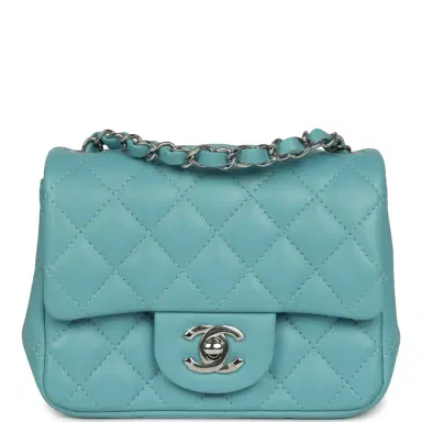 Chanel Chanel Mini Classic Square Flap Bag Light Blue Lambskin Silver Hardware | Thumbnail 1 Chanel Chanel Mini Classic Square Flap Bag Light Blue Lambskin Silver Hardware | Thumbnail 1