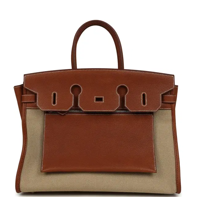 Hermes Birkin 35 A L'Envers Ficelle-Ecru H Dyed Canvas and Fauve Barenia Faubourg Palladium Hardware Hermes Birkin 35 A L'Envers Ficelle-Ecru H Dyed Canvas and Fauve Barenia Faubourg Palladium Hardware