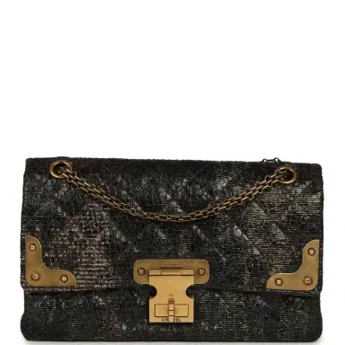 Chanel Pre-owned Chanel Medium Paris-Shanghai Reissue 226 2.55 Double Flap Bag Gold Glazed Tweed Antique Gold Hardware | Thumbnail 1 Chanel Pre-owned Chanel Medium Paris-Shanghai Reissue 226 2.55 Double Flap Bag Gold Glazed Tweed Antique Gold Hardware | Thumbnail 1