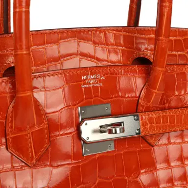 HERMÈS Pre-owned Hermes Birkin 30 Orange Shiny Porosus Crocodile Palladium Hardware | Thumbnail 7 HERMÈS Pre-owned Hermes Birkin 30 Orange Shiny Porosus Crocodile Palladium Hardware | Thumbnail 7