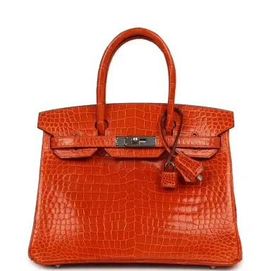 HERMÈS Pre-owned Hermes Birkin 30 Orange Shiny Porosus Crocodile Palladium Hardware | Thumbnail 1 HERMÈS Pre-owned Hermes Birkin 30 Orange Shiny Porosus Crocodile Palladium Hardware | Thumbnail 1