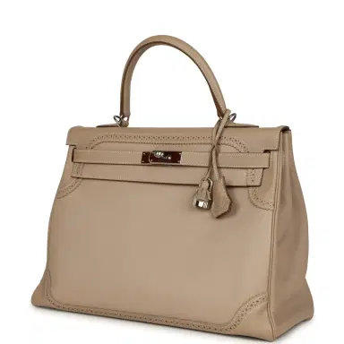 HERMÈS Pre-owned Hermes Ghillies Kelly Retourne 35 Argile Swift and Grain D'H Palladium Hardware | Thumbnail 5 HERMÈS Pre-owned Hermes Ghillies Kelly Retourne 35 Argile Swift and Grain D'H Palladium Hardware | Thumbnail 5