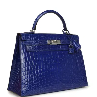 HERMÈS Pre-owned Hermes Kelly Sellier 32 Blue Electric Shiny Niloticus Crocodile Palladium Hardware | Thumbnail 2 HERMÈS Pre-owned Hermes Kelly Sellier 32 Blue Electric Shiny Niloticus Crocodile Palladium Hardware | Thumbnail 2