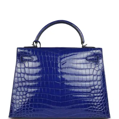 HERMÈS Pre-owned Hermes Kelly Sellier 32 Blue Electric Shiny Niloticus Crocodile Palladium Hardware | Thumbnail 4 HERMÈS Pre-owned Hermes Kelly Sellier 32 Blue Electric Shiny Niloticus Crocodile Palladium Hardware | Thumbnail 4