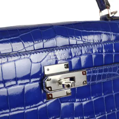 HERMÈS Pre-owned Hermes Kelly Sellier 32 Blue Electric Shiny Niloticus Crocodile Palladium Hardware | Thumbnail 7 HERMÈS Pre-owned Hermes Kelly Sellier 32 Blue Electric Shiny Niloticus Crocodile Palladium Hardware | Thumbnail 7