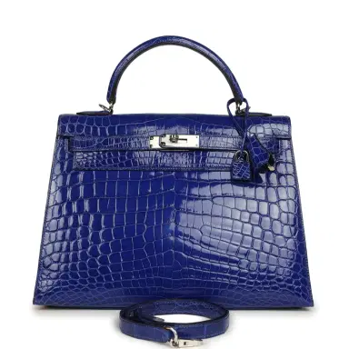 HERMÈS Pre-owned Hermes Kelly Sellier 32 Blue Electric Shiny Niloticus Crocodile Palladium Hardware | Thumbnail 1 HERMÈS Pre-owned Hermes Kelly Sellier 32 Blue Electric Shiny Niloticus Crocodile Palladium Hardware | Thumbnail 1