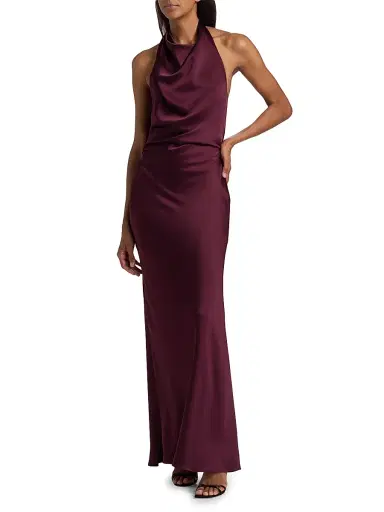 Simkhai Women's Reannon Draped Satin Halter Gown - Fig - Size 14 | Thumbnail 2 Simkhai Women's Reannon Draped Satin Halter Gown - Fig - Size 14 | Thumbnail 2