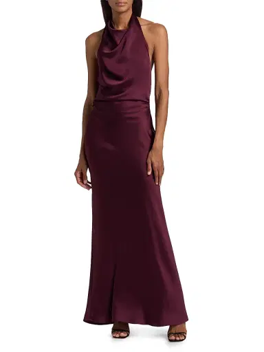 Simkhai Women's Reannon Draped Satin Halter Gown - Fig - Size 14 | Thumbnail 3 Simkhai Women's Reannon Draped Satin Halter Gown - Fig - Size 14 | Thumbnail 3