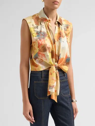 Cinq à Sept Women's Marianna Watercolor Floral Sleeveless Top - Smoke Sand Multi | Thumbnail 4 Cinq à Sept Women's Marianna Watercolor Floral Sleeveless Top - Smoke Sand Multi | Thumbnail 4