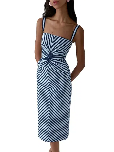Carolina Herrera Women's Striped Slim-Strap Pencil Midi-Dress - Cloudy Blue Midnight | Thumbnail 4 Carolina Herrera Women's Striped Slim-Strap Pencil Midi-Dress - Cloudy Blue Midnight | Thumbnail 4