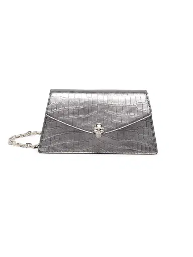 McQueen Women's Skull Mini Crocodile-Embossed Metallic Leather Shoulder Bag - Cloud | Thumbnail 1 McQueen Women's Skull Mini Crocodile-Embossed Metallic Leather Shoulder Bag - Cloud | Thumbnail 1