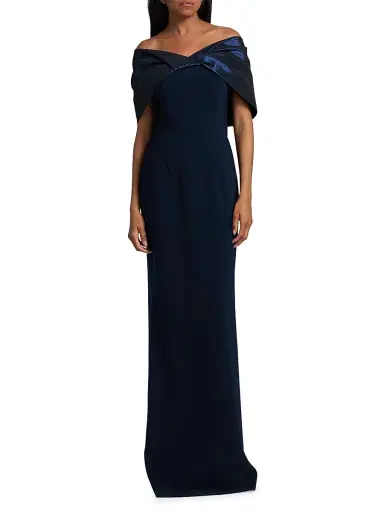 Teri Jon by Rickie Freeman Women's Tafetta Off-The-Shoulder Crepe Column Gown - Navy - Size 16 | Thumbnail 2 Teri Jon by Rickie Freeman Women's Tafetta Off-The-Shoulder Crepe Column Gown - Navy - Size 16 | Thumbnail 2