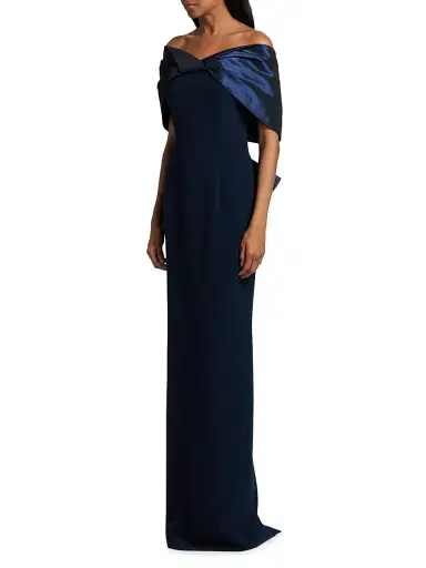 Teri Jon by Rickie Freeman Women's Tafetta Off-The-Shoulder Crepe Column Gown - Navy - Size 16 | Thumbnail 3 Teri Jon by Rickie Freeman Women's Tafetta Off-The-Shoulder Crepe Column Gown - Navy - Size 16 | Thumbnail 3