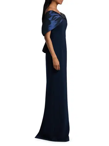 Teri Jon by Rickie Freeman Women's Tafetta Off-The-Shoulder Crepe Column Gown - Navy - Size 16 | Thumbnail 4 Teri Jon by Rickie Freeman Women's Tafetta Off-The-Shoulder Crepe Column Gown - Navy - Size 16 | Thumbnail 4