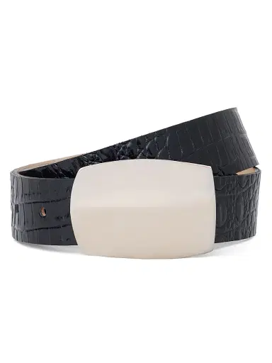 L'AGENCE Women's Milou Croc-Embossed Leather Belt - Black And Silver | Thumbnail 3 L'AGENCE Women's Milou Croc-Embossed Leather Belt - Black And Silver | Thumbnail 3