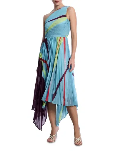 BCBGMAXAZRIA Women's Printed Pleated Midi-Dress - Seafoam Floating Ribbons | Thumbnail 2 BCBGMAXAZRIA Women's Printed Pleated Midi-Dress - Seafoam Floating Ribbons | Thumbnail 2
