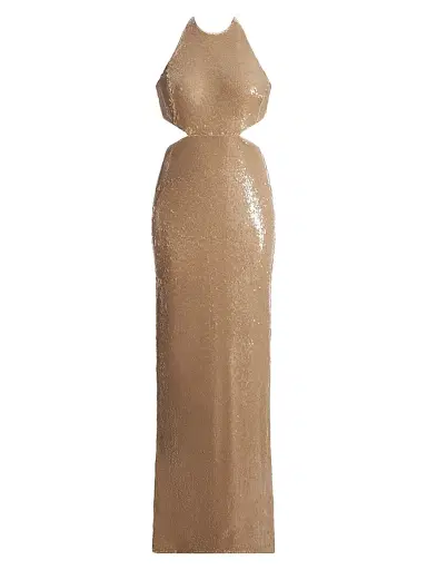 BCBGMAXAZRIA Women's Sequined Cut-Out Halter Gown - Almond - Size 12 | Thumbnail 1 BCBGMAXAZRIA Women's Sequined Cut-Out Halter Gown - Almond - Size 12 | Thumbnail 1