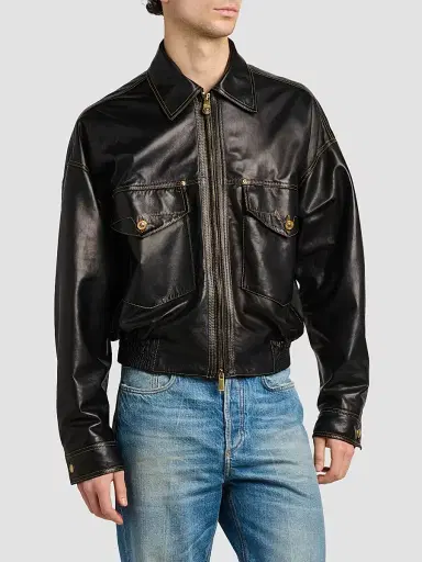 Versace Men's Leather Bomber Jacket - Black - Size 44 | Thumbnail 4 Versace Men's Leather Bomber Jacket - Black - Size 44 | Thumbnail 4