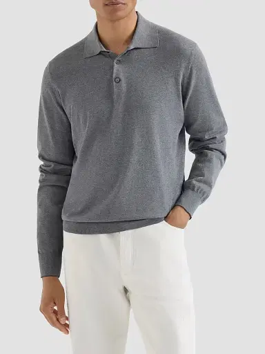 Brunello Cucinelli Men's Cotton Lightweight Knit Polo Shirt - Dark Grey | Thumbnail 3 Brunello Cucinelli Men's Cotton Lightweight Knit Polo Shirt - Dark Grey | Thumbnail 3