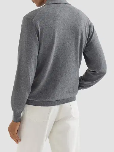 Brunello Cucinelli Men's Cotton Lightweight Knit Polo Shirt - Dark Grey | Thumbnail 4 Brunello Cucinelli Men's Cotton Lightweight Knit Polo Shirt - Dark Grey | Thumbnail 4